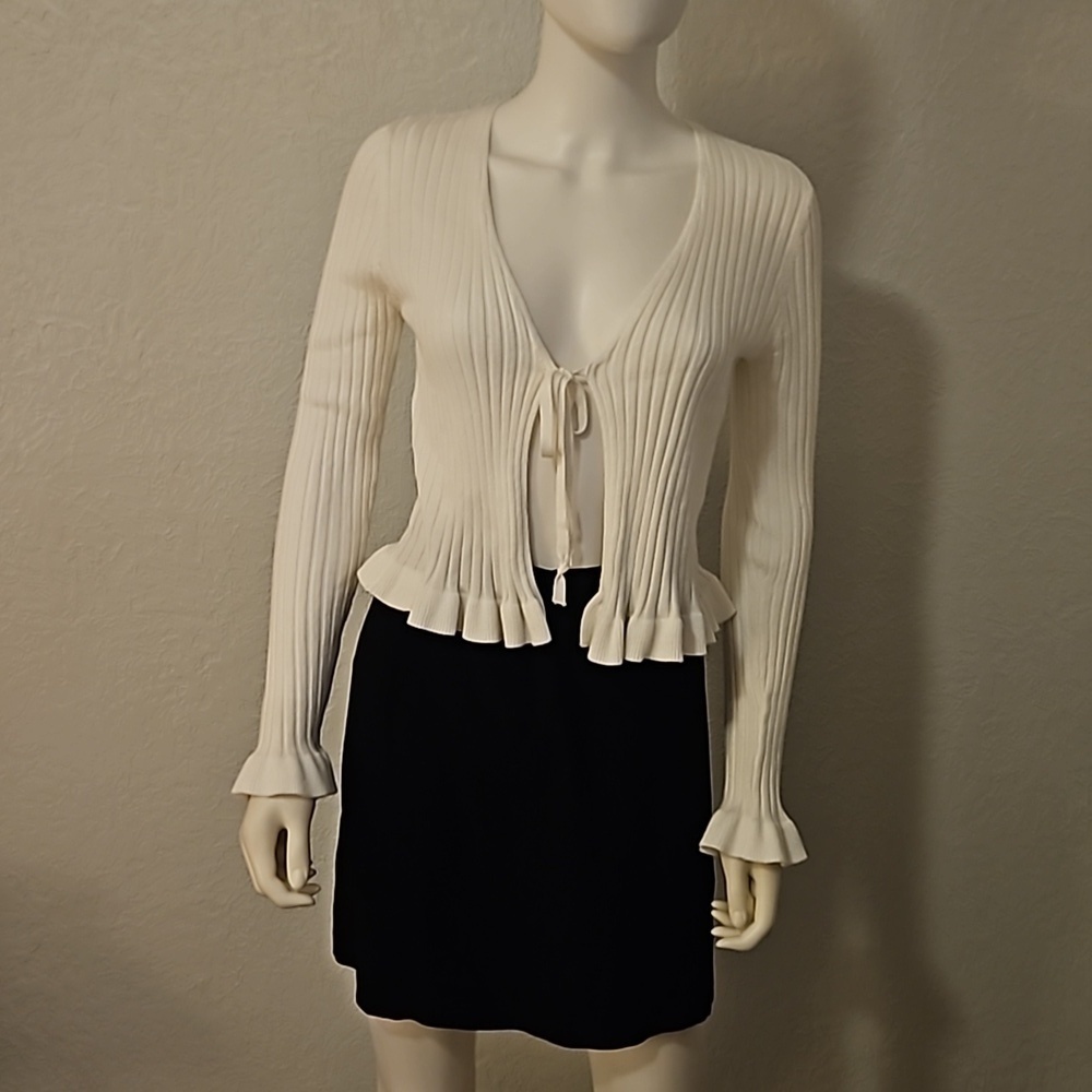 IT'S OUR TIME White Ribbed Ruffle Bow Tie Cardigan Castlecore Sweater Medium - Picture 3 of 7